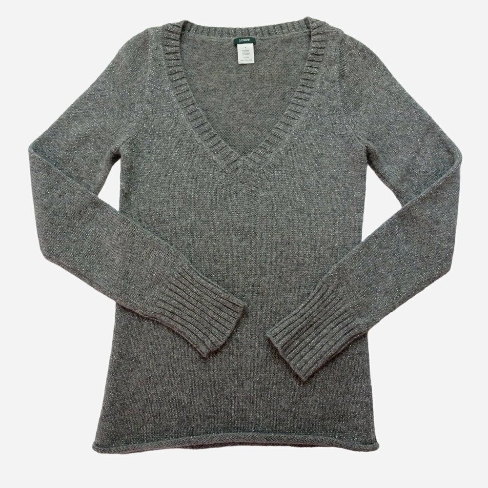 J. CREW Women's Pullover Knit Sweater V-Neck Alpaca Wool Metallic Glitter Gray S